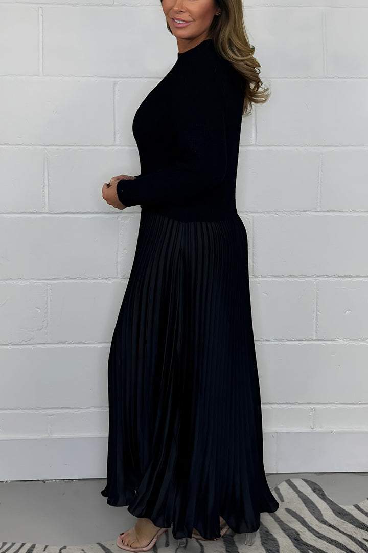 Sorvienne Relaxed Knit Top Pleated Maxi Dress in Black