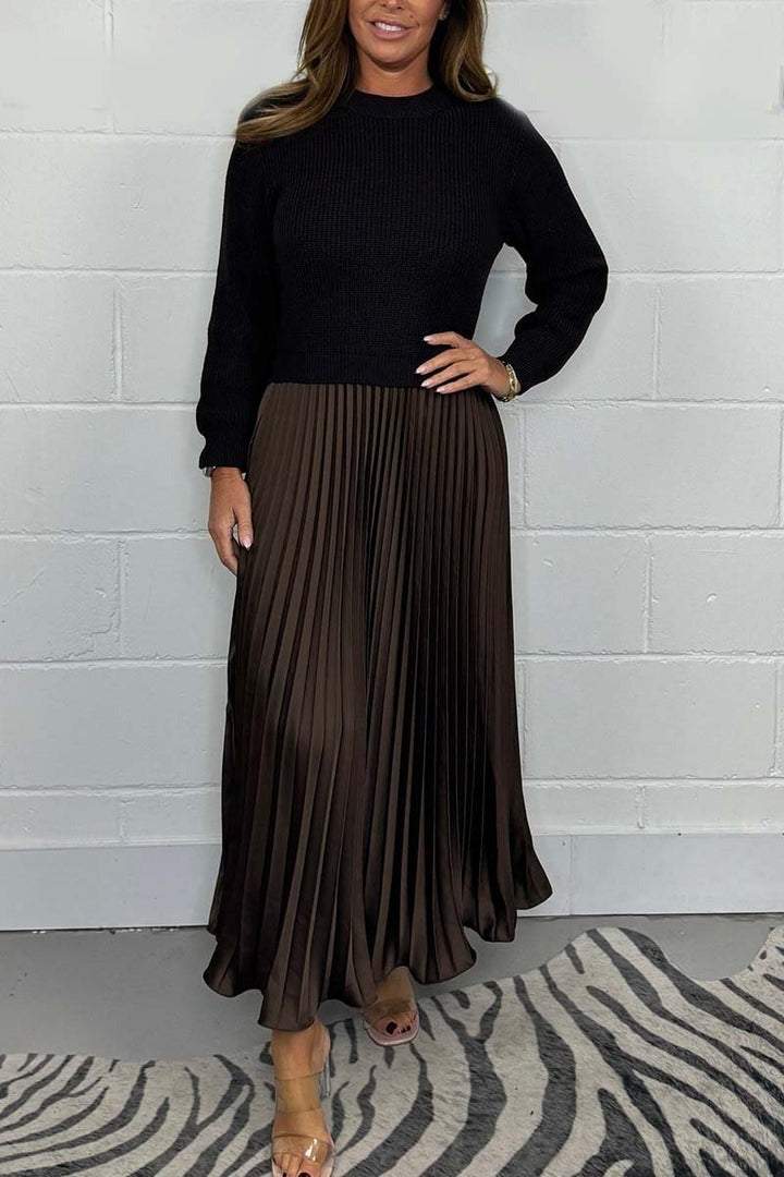 Sorvienne Relaxed Knit Top Pleated Maxi Dress in Brown