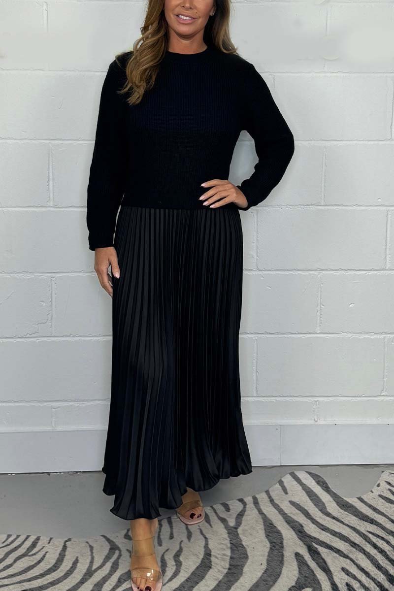 Sorvienne Relaxed Knit Top Pleated Maxi Dress in Black