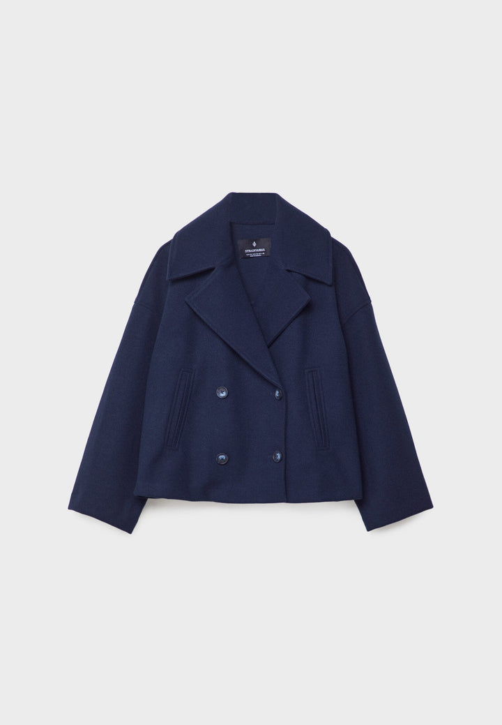 Sorvienne Oversized Boxy Cropped Pea Coat in Navy