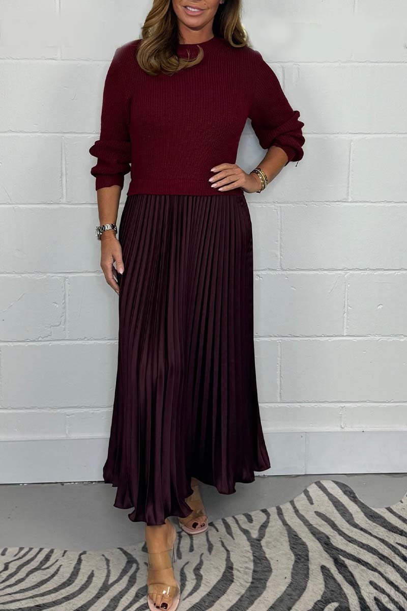 Sorvienne Relaxed Knit Top Pleated Maxi Dress in Burgundy