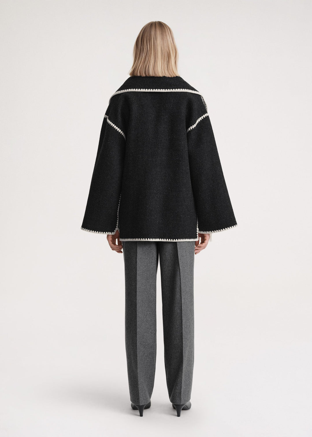 Sorvienne Oversized Blanket Stitch Scarf Coat in Black with Cream Trim