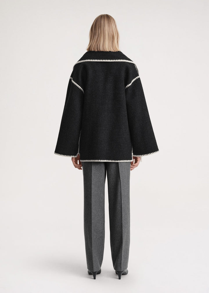 Sorvienne Oversized Blanket Stitch Scarf Coat in Black with Cream Trim