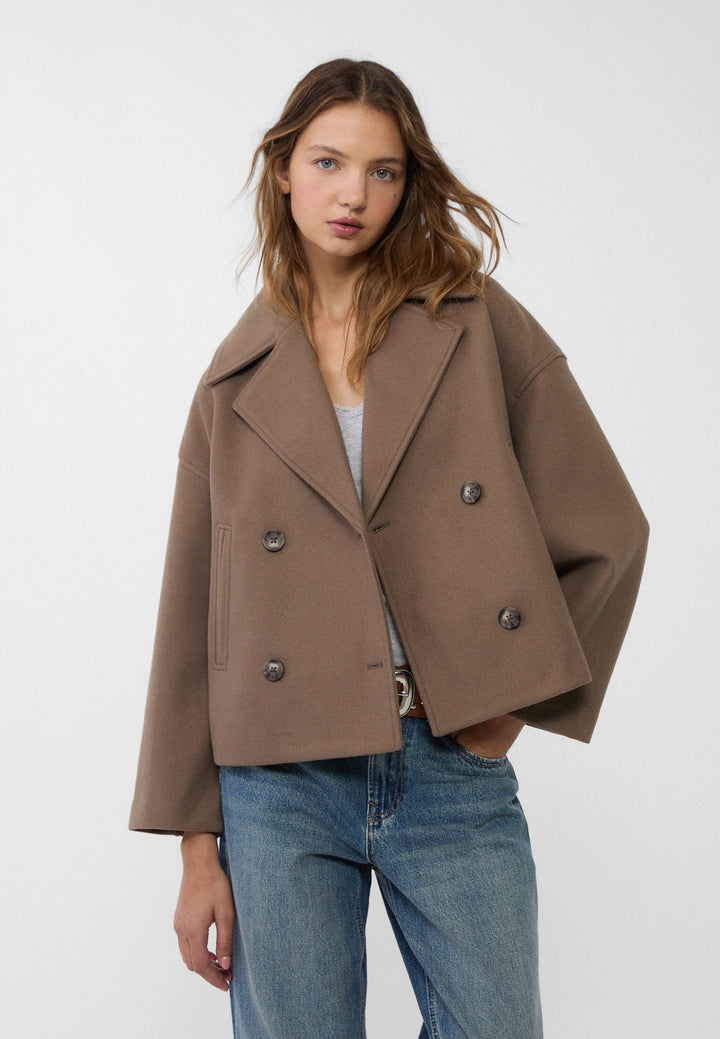 Sorvienne Oversized Boxy Cropped Pea Coat in Taupe