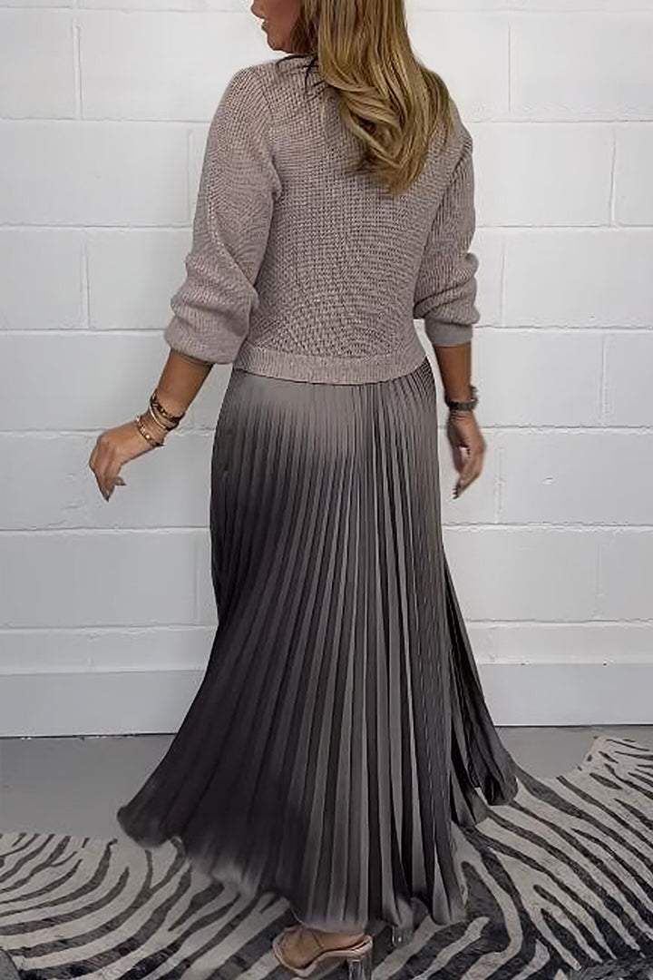 Sorvienne Relaxed Knit Top Pleated Maxi Dress in Taupe
