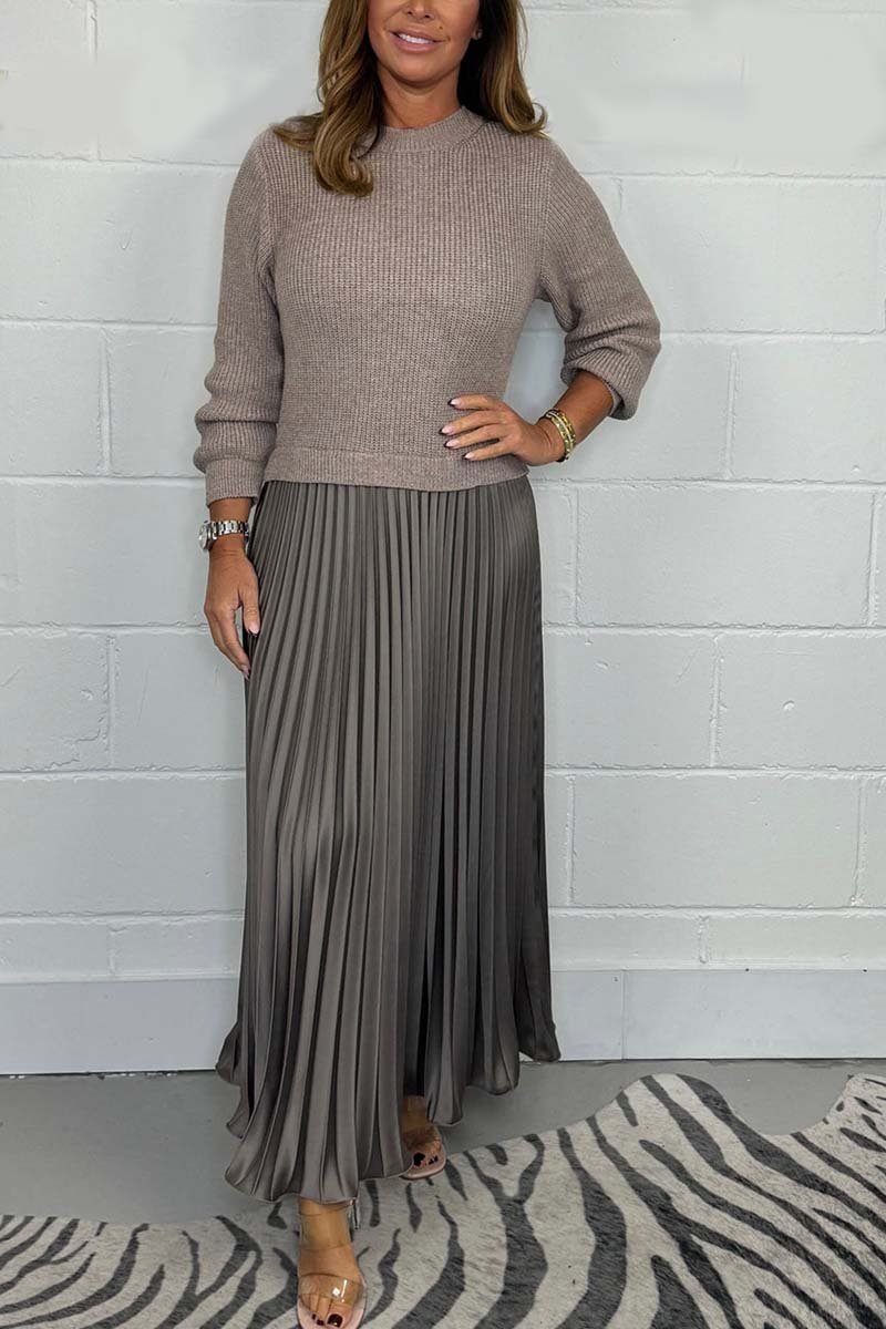 Sorvienne Relaxed Knit Top Pleated Maxi Dress in Taupe