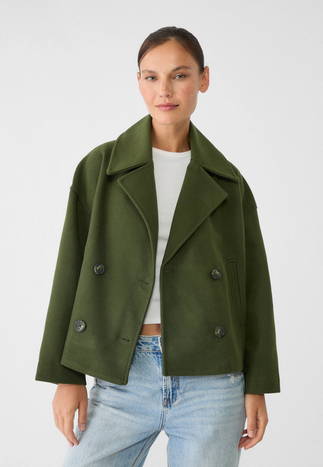Sorvienne Oversized Boxy Cropped Pea Coat in Dark Green