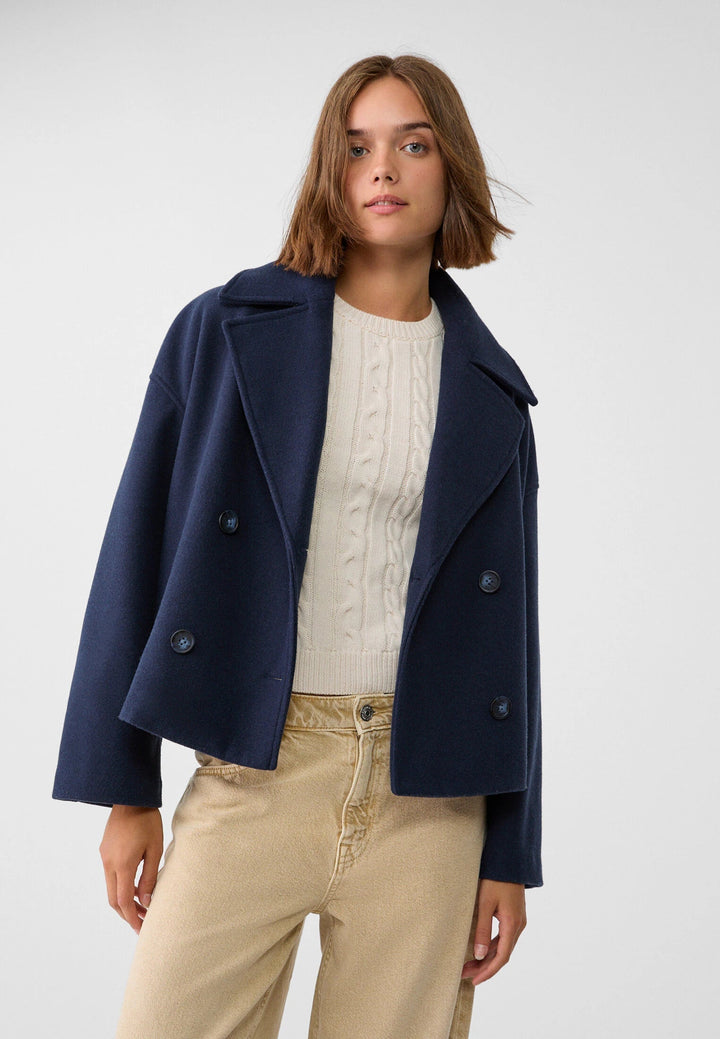 Sorvienne Oversized Boxy Cropped Pea Coat in Navy