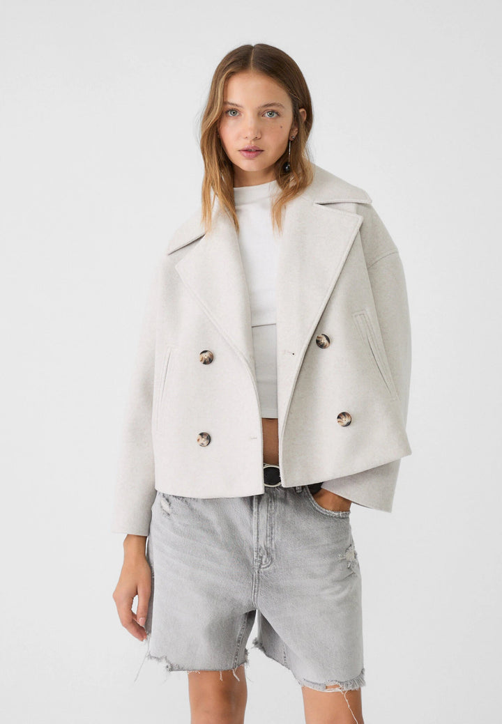 Sorvienne Oversized Boxy Cropped Pea Coat in Cream