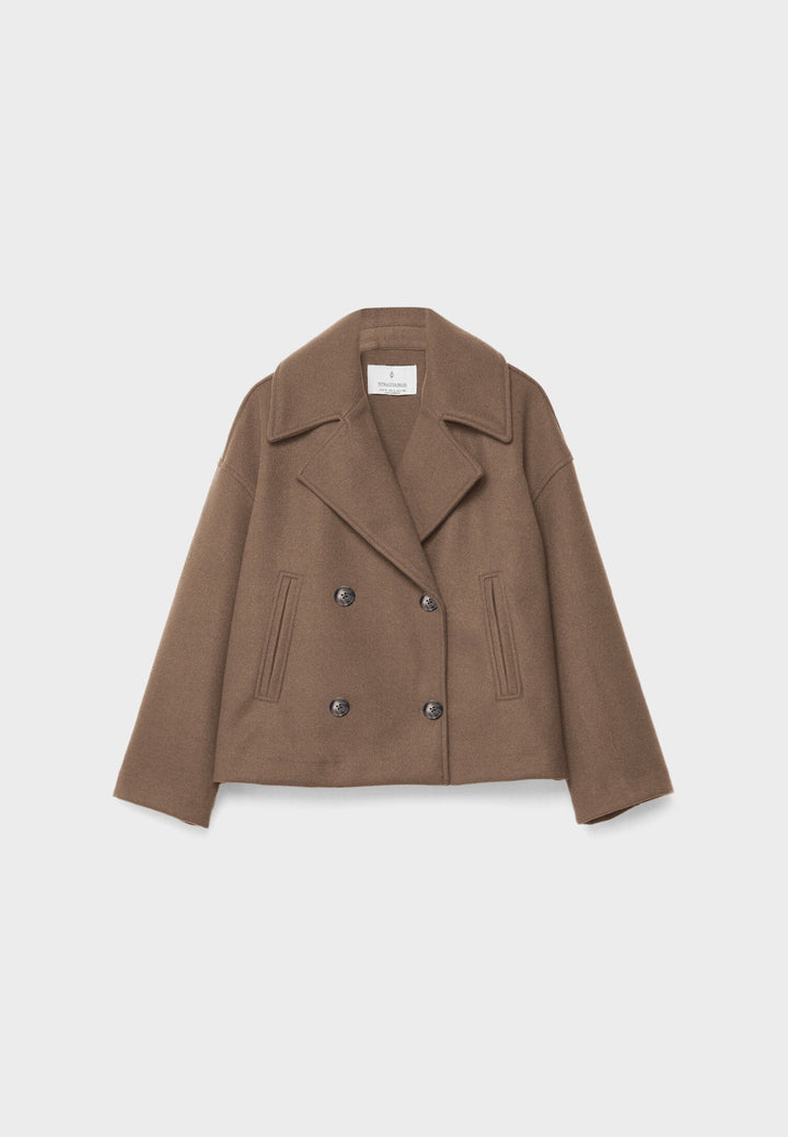 Sorvienne Oversized Boxy Cropped Pea Coat in Taupe