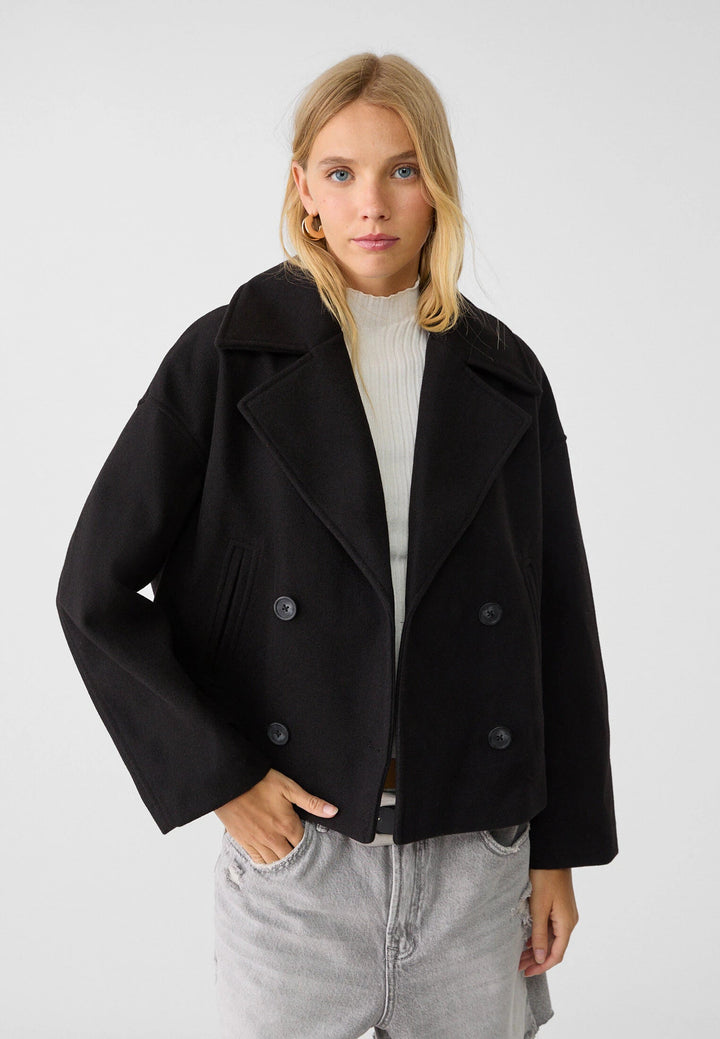 Sorvienne Oversized Boxy Cropped Pea Coat in Black