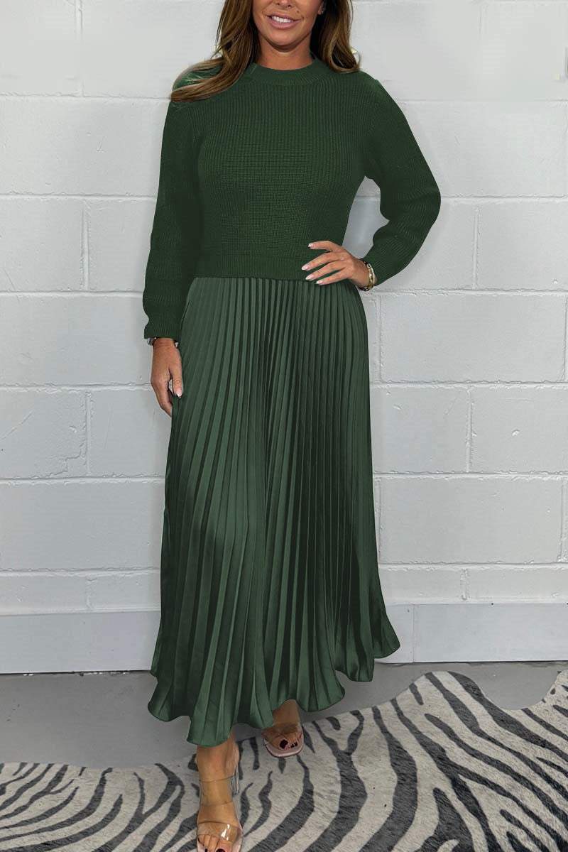 Sorvienne Relaxed Knit Top Pleated Maxi Dress in Green