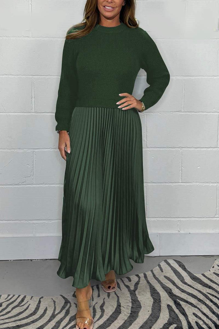 Sorvienne Relaxed Knit Top Pleated Maxi Dress in Green
