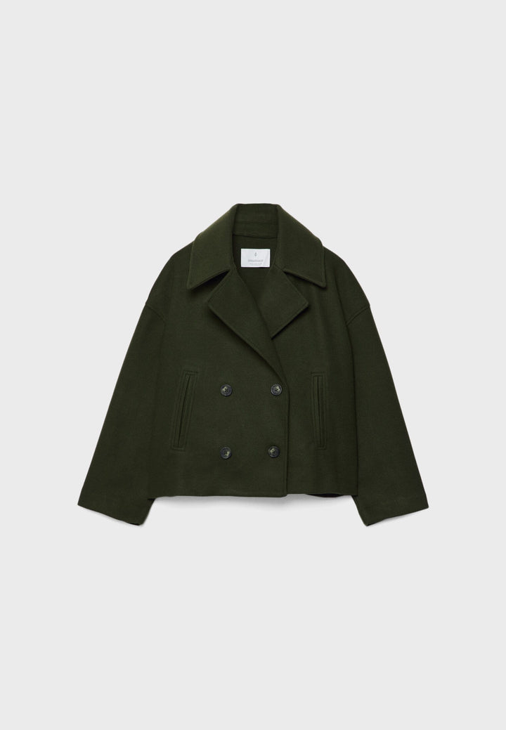 Sorvienne Oversized Boxy Cropped Pea Coat in Dark Green