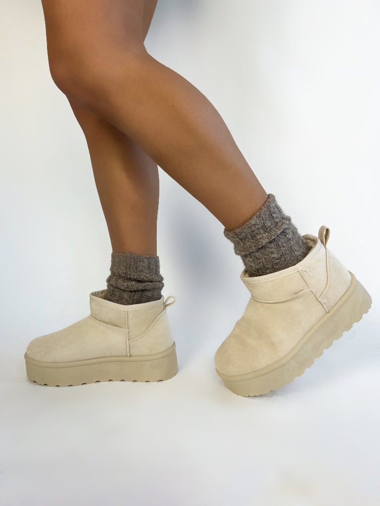 Sorvienne Soft Lined Platform Mini Boots in Sand