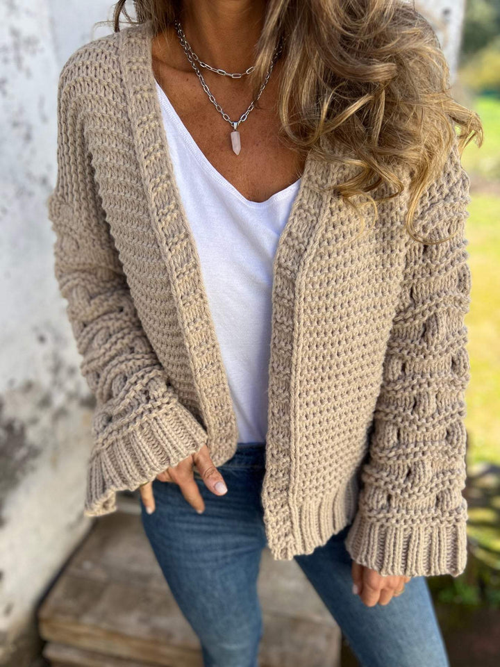 Sorvienne Relaxed Open Front Chunky Knit Cardigan in Beige