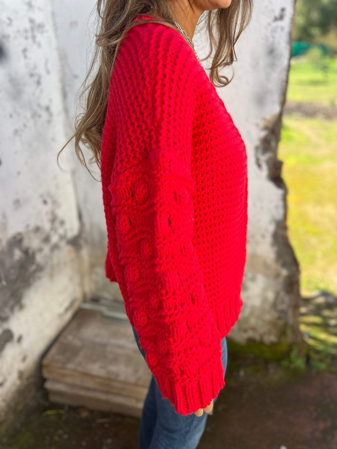 Sorvienne Relaxed Open Front Chunky Knit Cardigan in Red