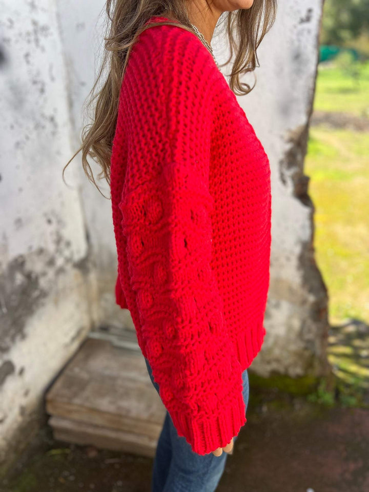 Sorvienne Relaxed Open Front Chunky Knit Cardigan in Red