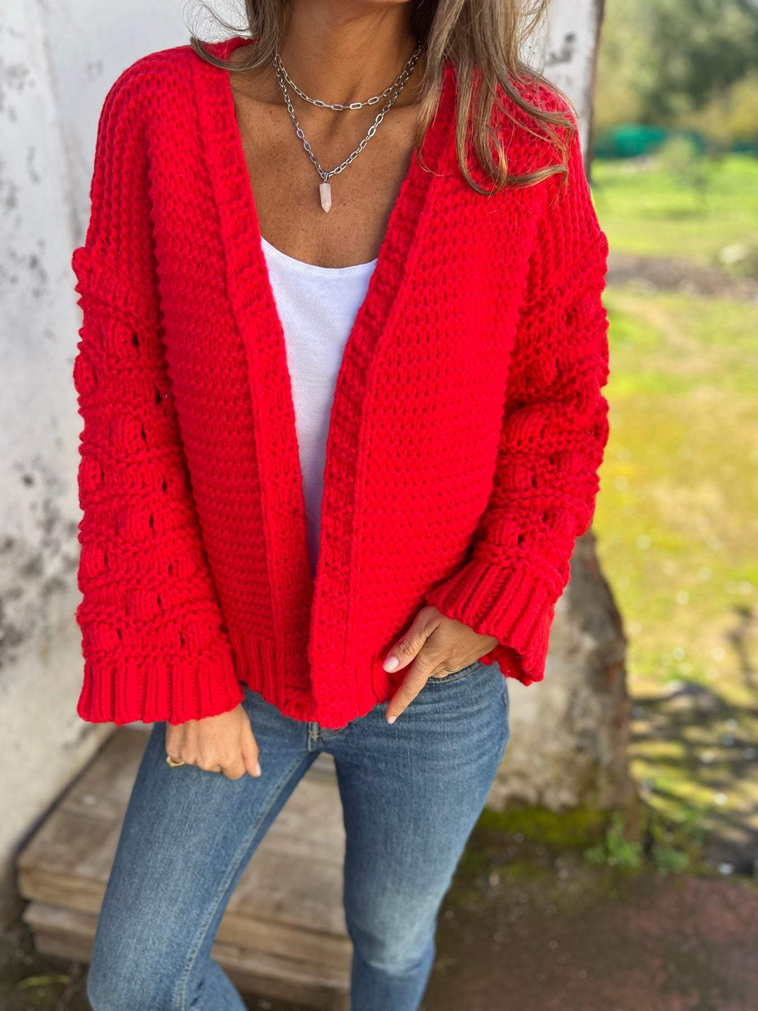 Sorvienne Relaxed Open Front Chunky Knit Cardigan in Red