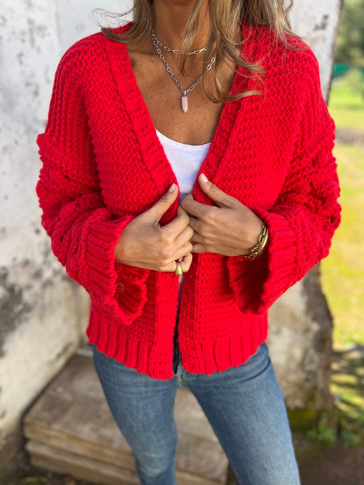Sorvienne Relaxed Open Front Chunky Knit Cardigan in Red