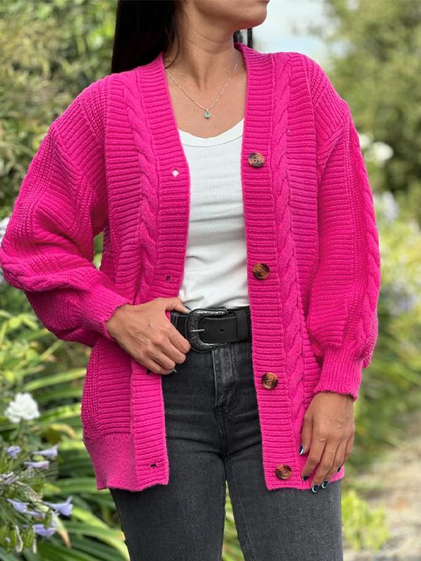 Sorvienne Oversized Chunky Cable Knit Cardigan in Hot Pink