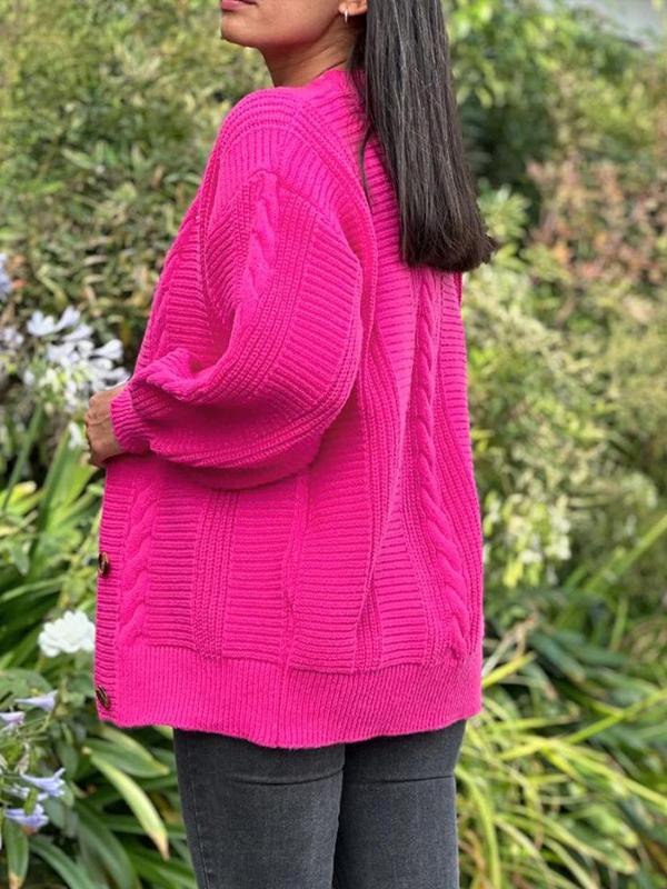 Sorvienne Oversized Chunky Cable Knit Cardigan in Hot Pink