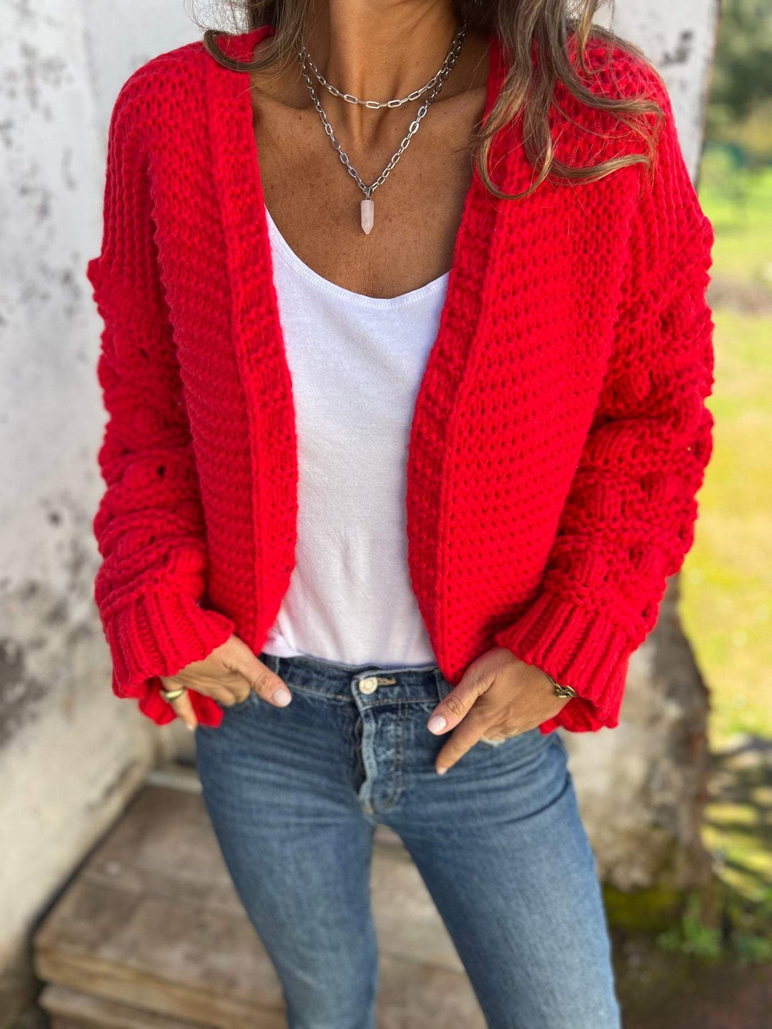 Sorvienne Relaxed Open Front Chunky Knit Cardigan in Red