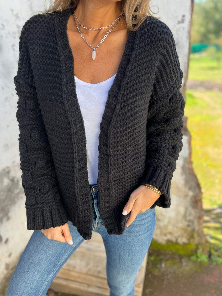 Sorvienne Relaxed Open Front Chunky Knit Cardigan in Black