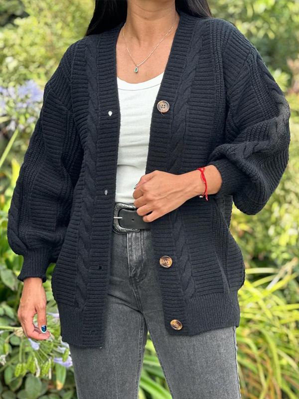 Sorvienne Oversized Chunky Cable Knit Cardigan in Black