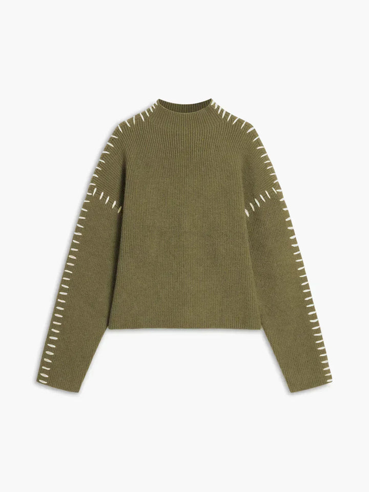 Sorvienne Cropped Mock Neck Blanket Stitch Jumper in Olive