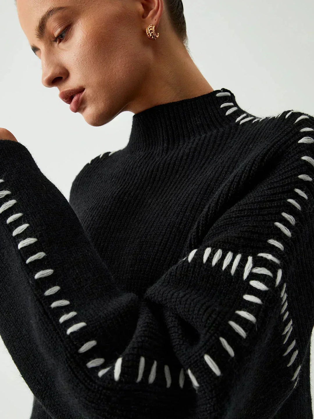 Sorvienne Cropped Mock Neck Blanket Stitch Jumper in Black