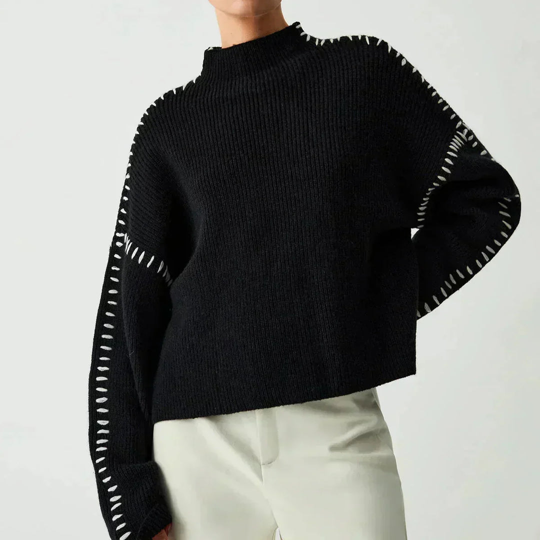 Sorvienne Cropped Mock Neck Blanket Stitch Jumper in Black
