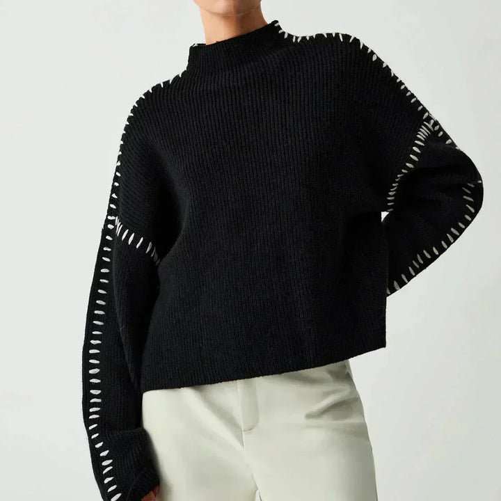 Sorvienne Cropped Mock Neck Blanket Stitch Jumper in Black