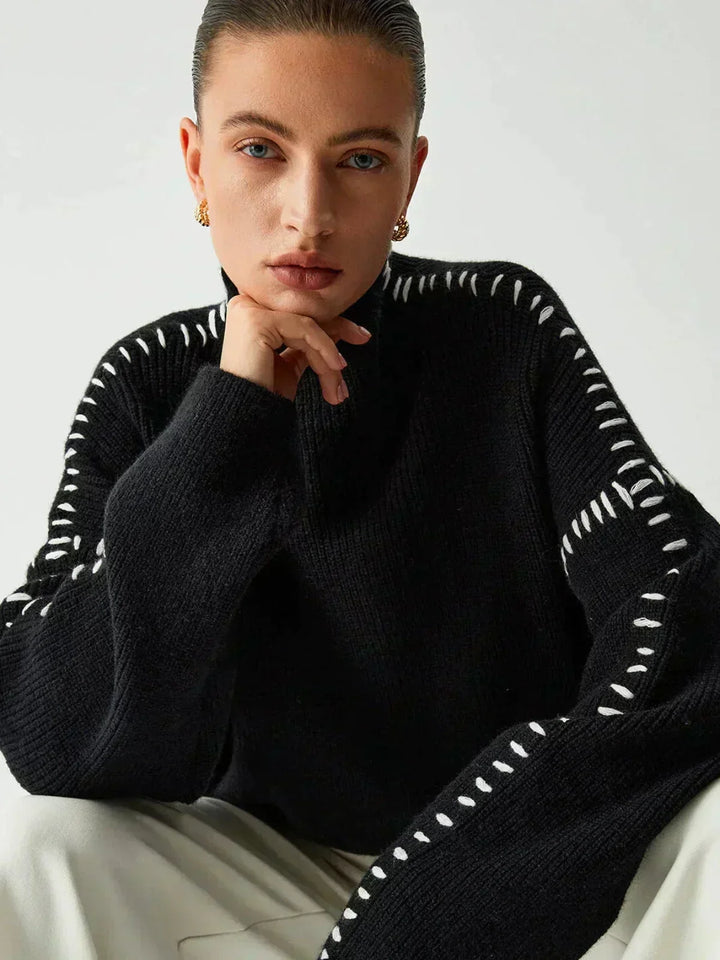 Sorvienne Cropped Mock Neck Blanket Stitch Jumper in Black