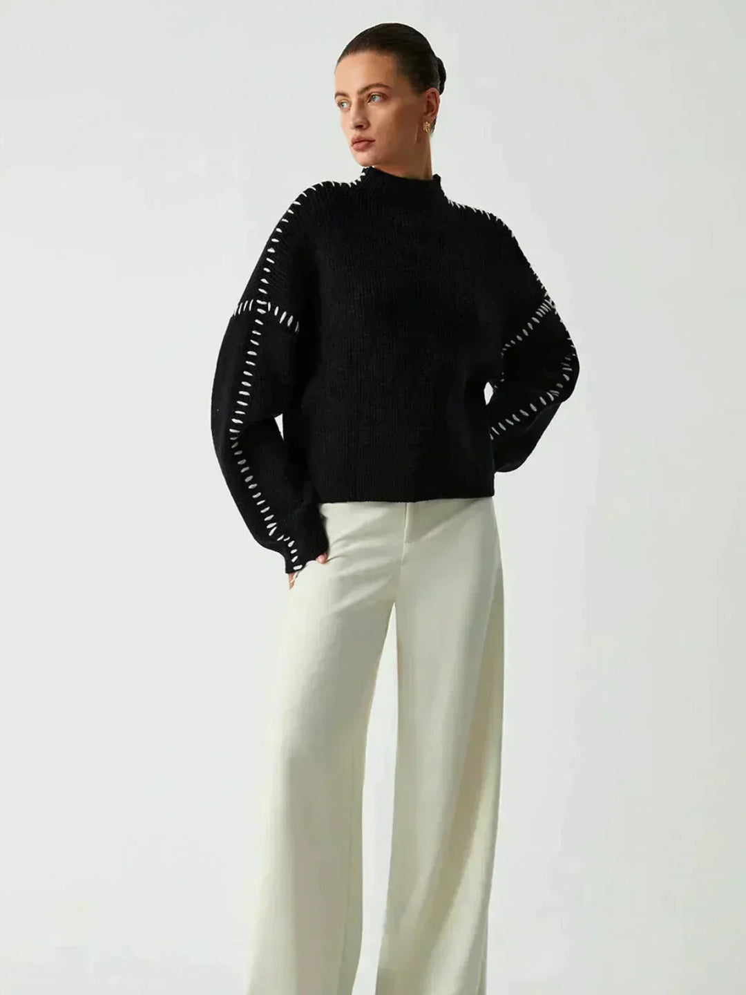 Sorvienne Cropped Mock Neck Blanket Stitch Jumper in Black