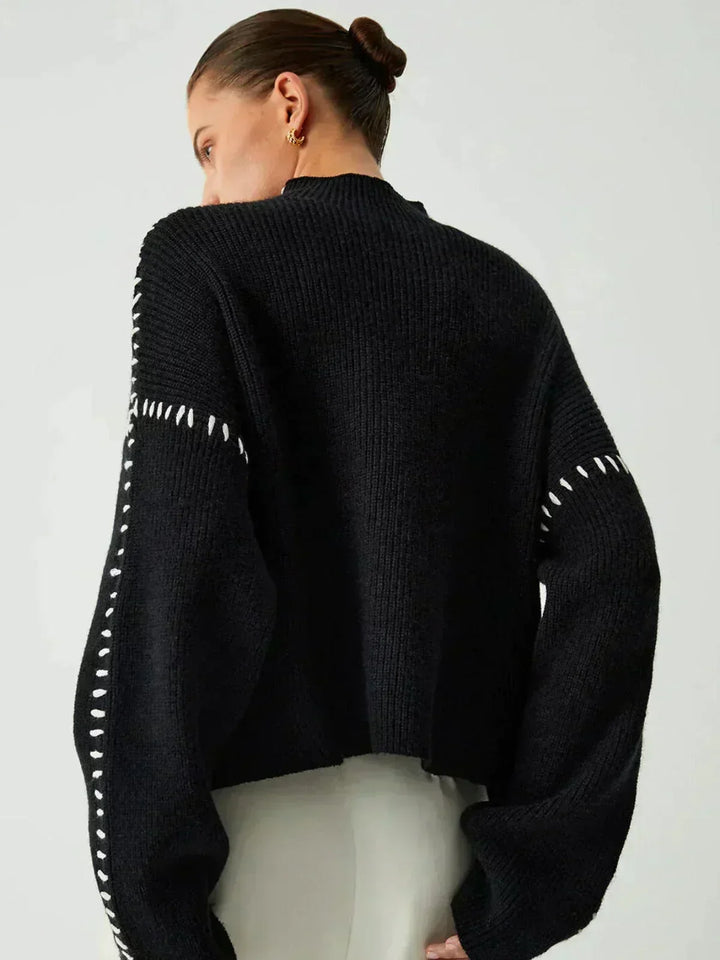 Sorvienne Cropped Mock Neck Blanket Stitch Jumper in Black