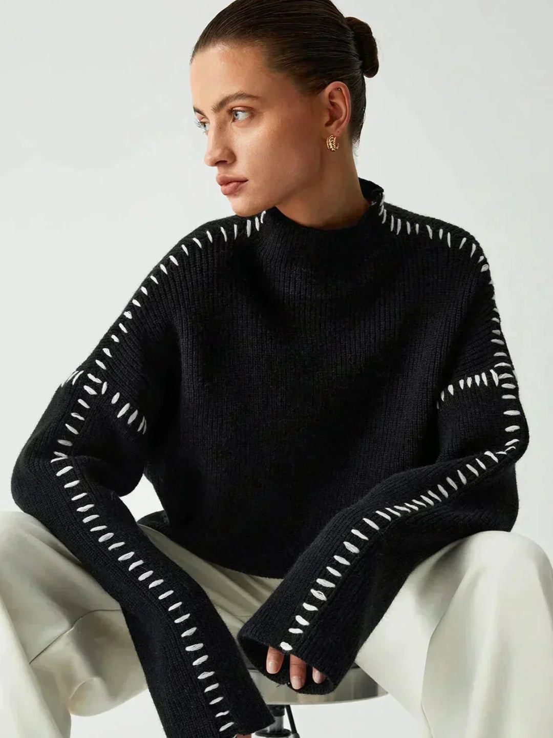 Sorvienne Cropped Mock Neck Blanket Stitch Jumper in Black