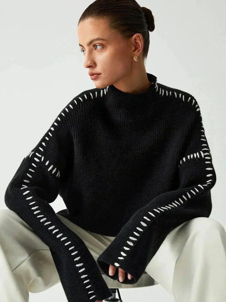 Sorvienne Cropped Mock Neck Blanket Stitch Jumper in Black