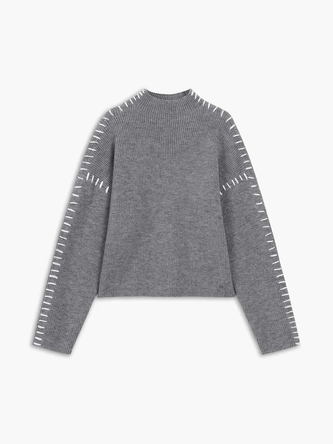 Sorvienne Cropped Mock Neck Blanket Stitch Jumper in Grey