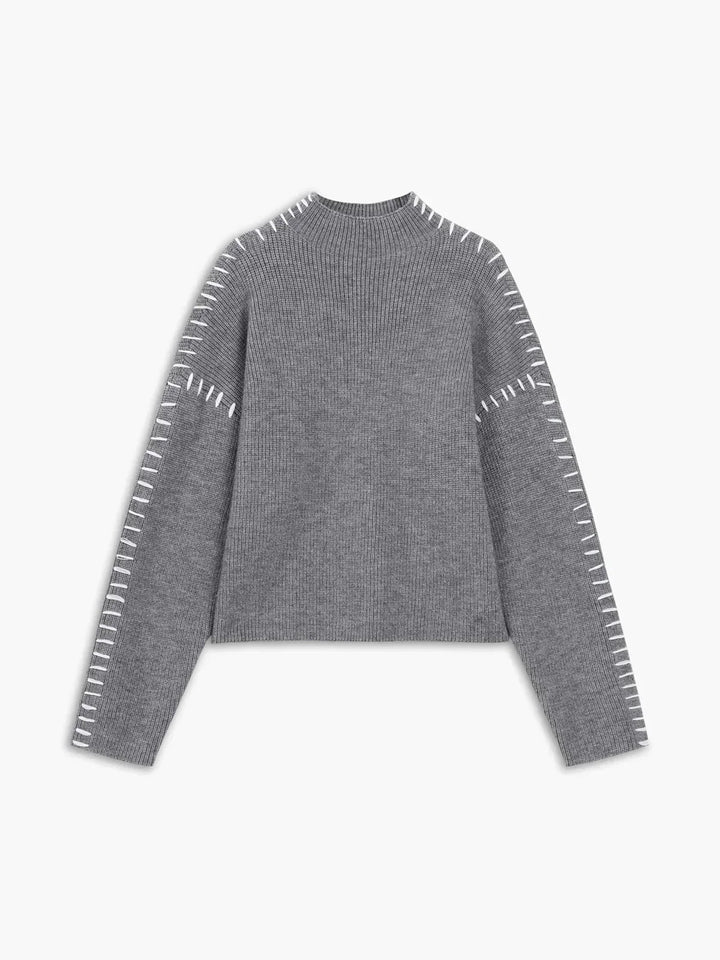 Sorvienne Cropped Mock Neck Blanket Stitch Jumper in Grey