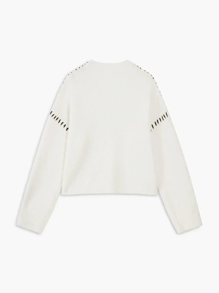 Sorvienne Cropped Mock Neck Blanket Stitch Jumper in White
