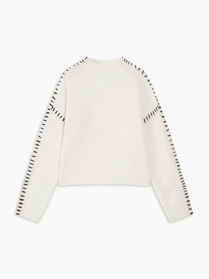 Sorvienne Cropped Mock Neck Blanket Stitch Jumper in White