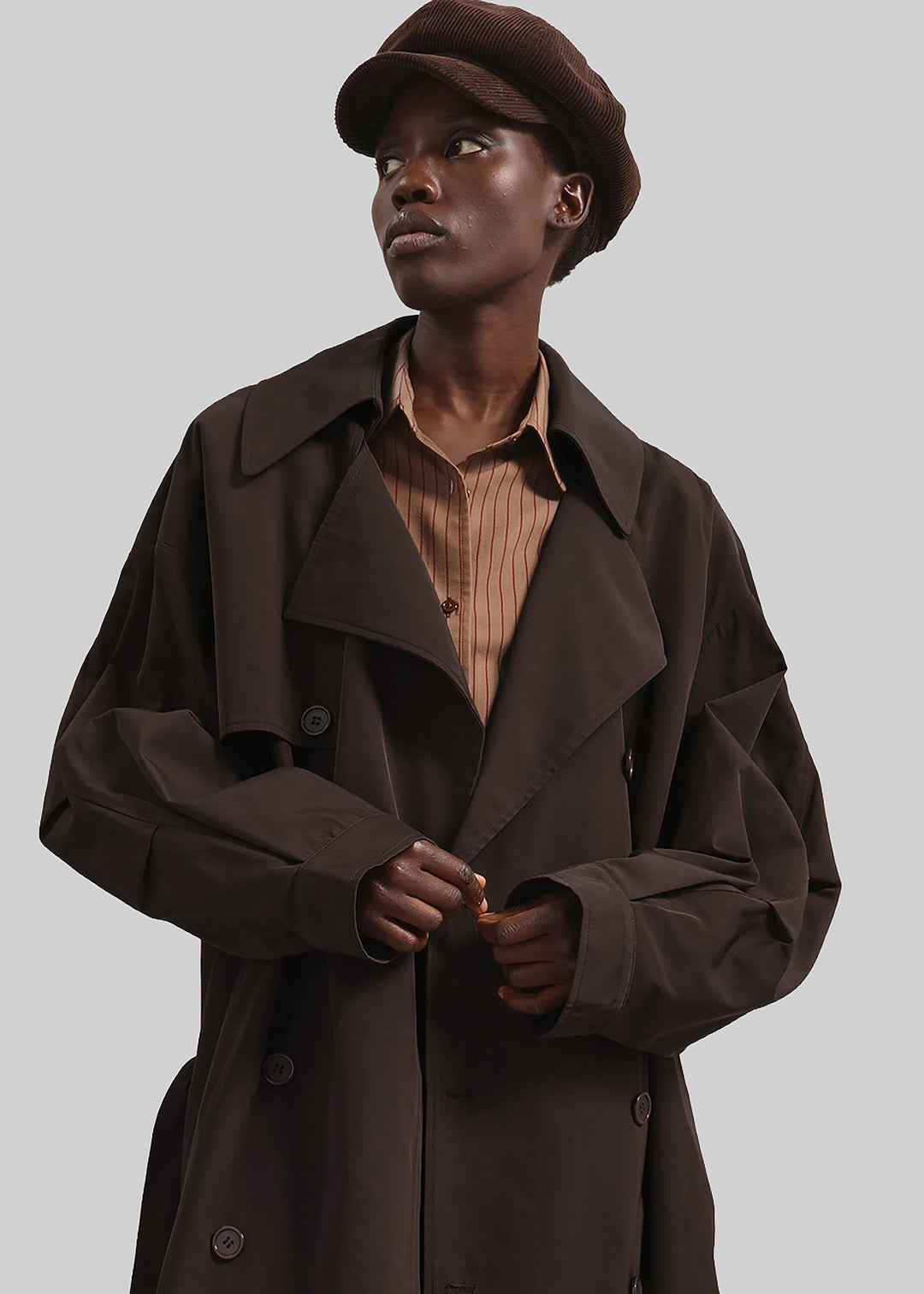 Sorvienne Water Repellent Oversized Trench Coat in Brown