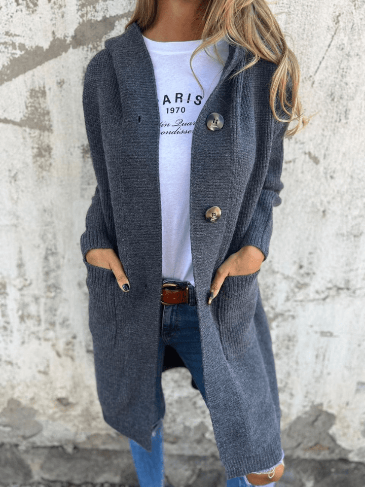 Sorvienne Relaxed Button Front Long Hooded Cardigan in Charcoal