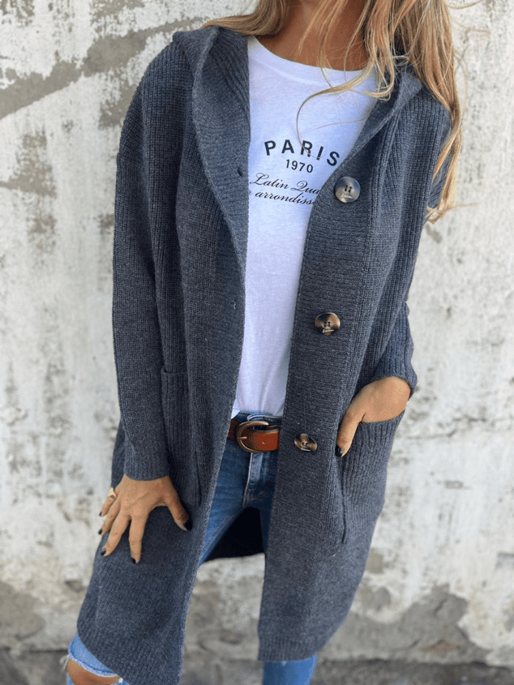 Sorvienne Relaxed Button Front Long Hooded Cardigan in Charcoal
