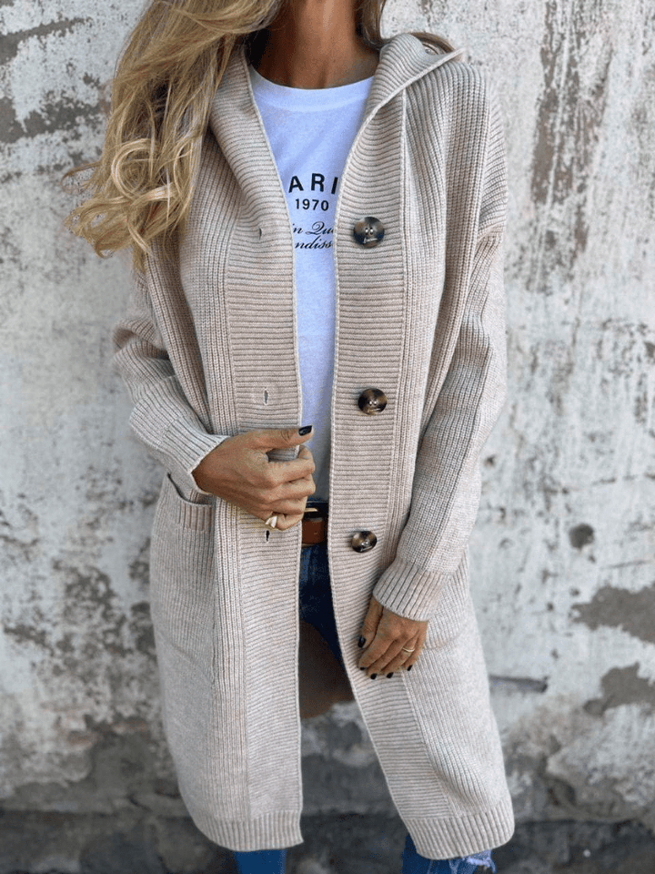 Sorvienne Relaxed Button Front Long Hooded Cardigan in Stone