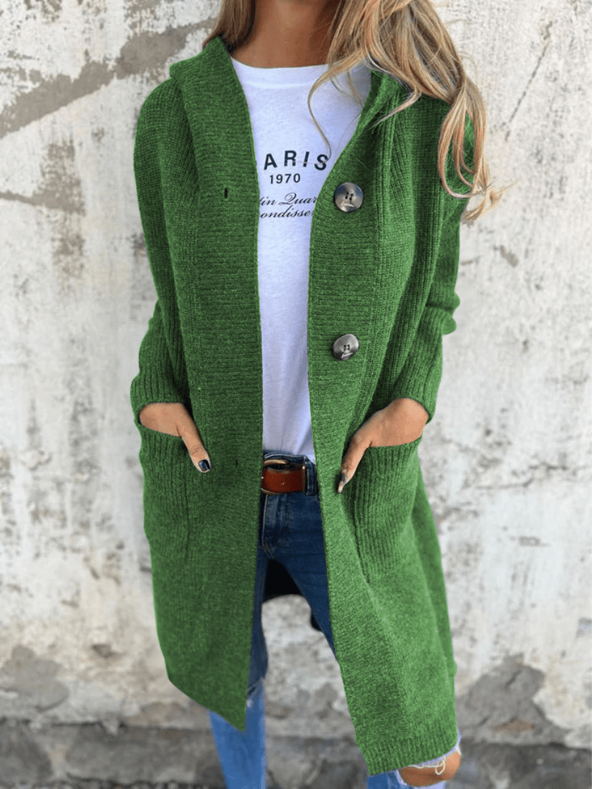 Sorvienne Relaxed Button Front Long Hooded Cardigan in Green