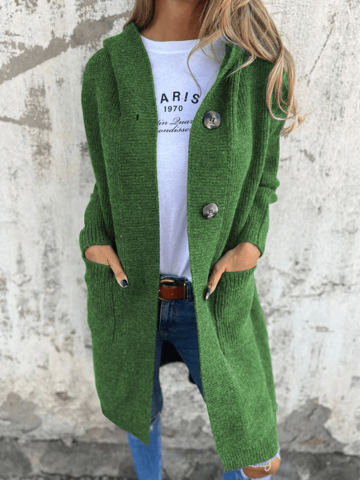 Sorvienne Relaxed Button Front Long Hooded Cardigan in Green