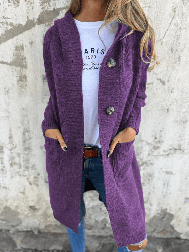 Sorvienne Relaxed Button Front Long Hooded Cardigan in Purple