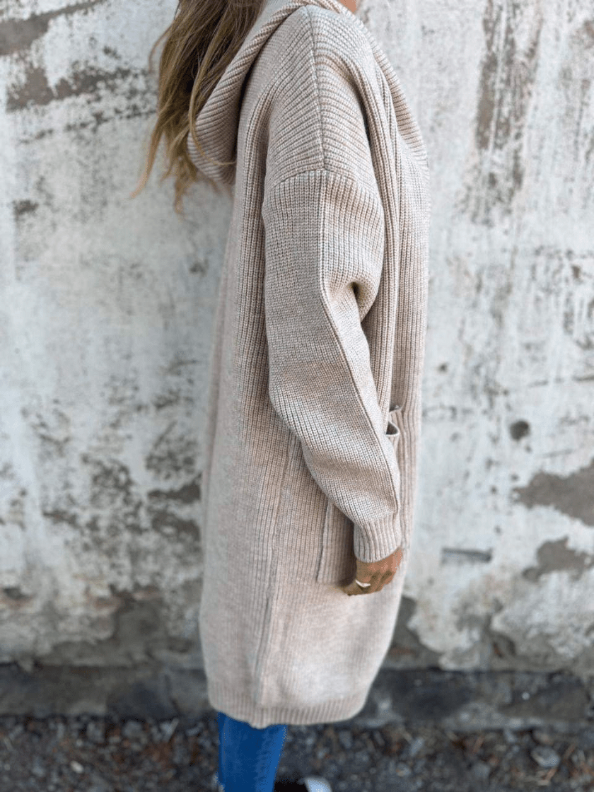 Sorvienne Relaxed Button Front Long Hooded Cardigan in Stone